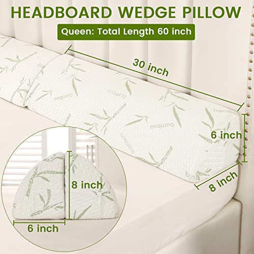 Qucover Queen Bed Wedge, Soft Breathable Bamboo Fiber Triangle Bed Pillow Wedge Headboard, 2-Sections Memory Foam Pillow Wedge For Headboard Gap, 60X8X6 Inch #TOP2