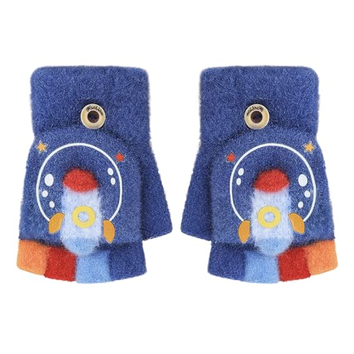 PURFUN Toddler Boys Cartoon Excavator Rocket Half Finger Gloves with Flip Top, Baby Boy Winter Warm Knitted Gloves for 1-3Yrs