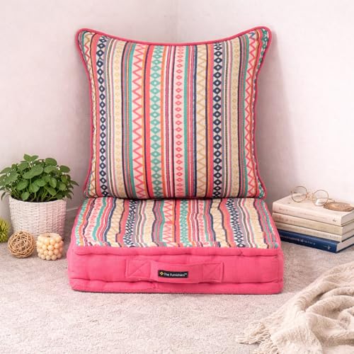 Image of Weaved Quilted Floor Cushion Set 40x40x8 cm Pink Boho with Cotton Filler & Back Cushion, Small Size for Seating, Patio Seat, Meditation, Yoga, Pooja, Guests, Living - 16x16x3 Inch