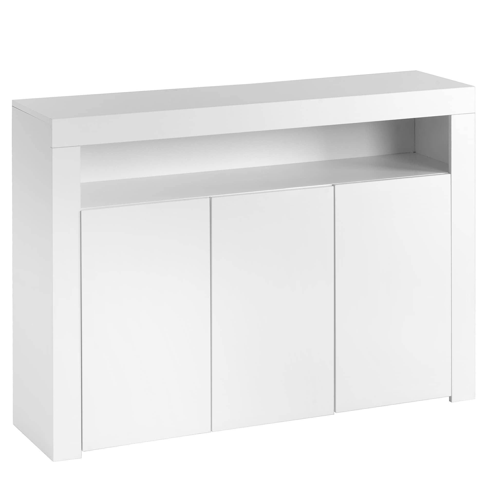 Vitrina de aparador blanco brillante con luces LED, moderna unidad de almacenamiento de madera de 3 puertas con mando a distancia para cocina, salón, comedor, pasillo