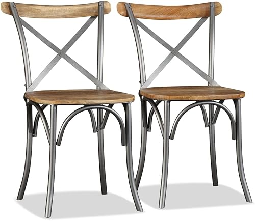 Miniatura 5 de Juego de 4 sillas de comedor de madera maciza de mango macizo, acero con recubrimiento en polvo, respaldo cruzado industrial de 33.1 pulgadas,