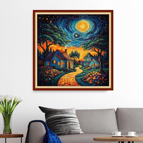 Image of Funxvoot Stamped Cross Stitch Kits for Beginners or Adults Embroidery Starter Patterns | DIY Printed Cross Stitch Kits Needlepoint for Adults 11CT-Van Gogh Starry Sky Garden 18x18 inch