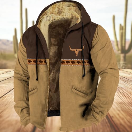 HOTYD Western Cowboy Jackets for Men Big and Tall Fleece Jackets for Men Long Sleeve Drawstring Oversized Jackets Retro Graphic Aztec Jacket Men Winter Jackets Sherpa Lined Coats H-Brown L2