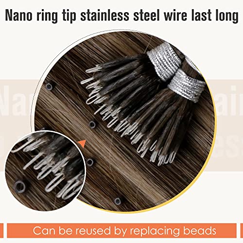 LaaVoo Nano Hair Extensions Real Human Hair Dark Brown Nano Beads Hair Extensions 22 Inch Balayage Ash Blonde Invisible Nano Ring Straight Remy Hair 50g 50s #4/18/4 - Image 4