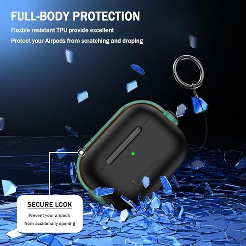 NEWTECHNO Antilost Lid Case Cover Shell for Airpods pro 2| Full Protection Case Cover with Lanyard Compatible for Airpods pro Gen-2 with carabaner | Green-Black 7 51et38QAL6L