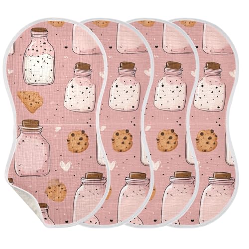 Cute Milk Bottle Cookie Burp Cloths Baby Boys Girls Absorbent Soft Cotton Burping Cloths Rags, 4 Pack