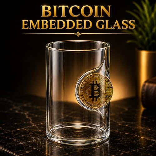 Image of Bitcoin Embedded Glass Tumbler, Unique Crypto Coin Design Drinking Glass Clear Transparent Glass for Water, Coffee & Beverages