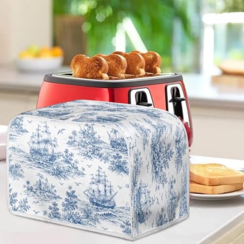 Image of Talayituse Toile De Jouy Sailboat Print 2 Slice Toaster Dust Covers Kitchen Small Appliance Cover, Stain Resistant Dust Protection Bread Machine Cover with Top Handle, S