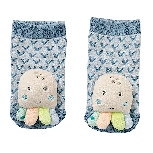 Fehn 054361 Chaussettes Moelleuses pour Bébé avec Pieuvre et Hochet - Stimule la Motricité et les Sens - Pour Bébés de 0 à 12 Mois - Taille 12 cm