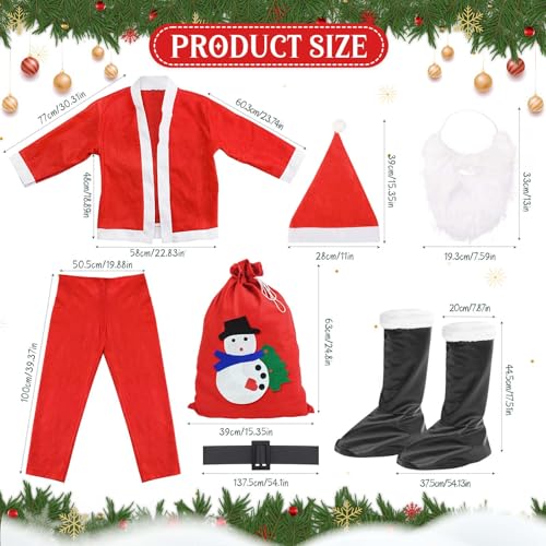 GLOSKIN 7 in 1 Weihnachtsmann Kostüm Set, Nikolaus Kostüm mit Mütze, Bart, Oberteil, Gürtel, Hose, stiefel und Geschenktüte für Weihnachts-Rollenspielpartys, Weihnachtsfeiern, Karneval und Theme