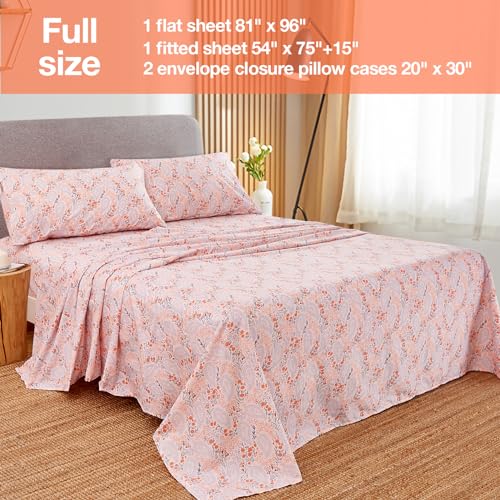Image of JSD Pink Paisley Floral Printed Full Sheet Set Extra Deep Pocket | 4 Piece Soft Microfiber Sheets, OEKO-TEX Certified, Easy Care