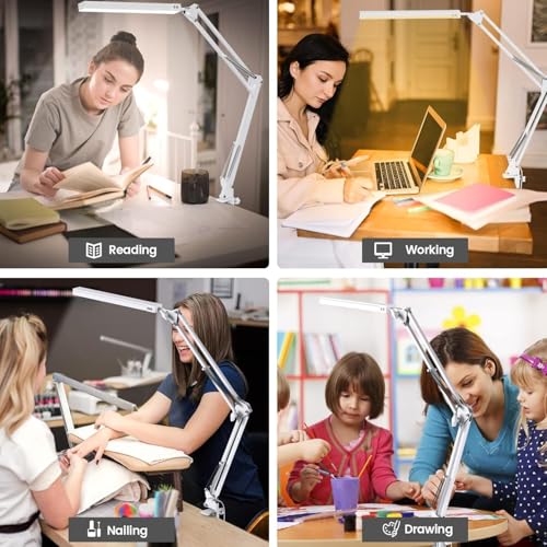 Image of Dyazo Overhead LED Desk Lamp with Long Adjustable Arm Clamp | Dimmable Table Light Includes 3 Color Modes & 10 Brightness Levels | 12W Lighting for Study, Reading, Crafting with Memory Feature (White)