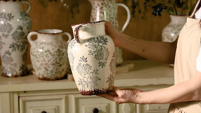 Enra Vintage vase with Handle,12.6 inch Blue and White Ceramic