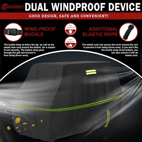 moveland 6 Passenger Golf Cart Cover 138 x 48 x72 inch, 100% 600D Waterproof Golf Cart Storage Cover Universal Fits for Most 6 Passenger EZGO, Club Car, Yamaha Golf Cart