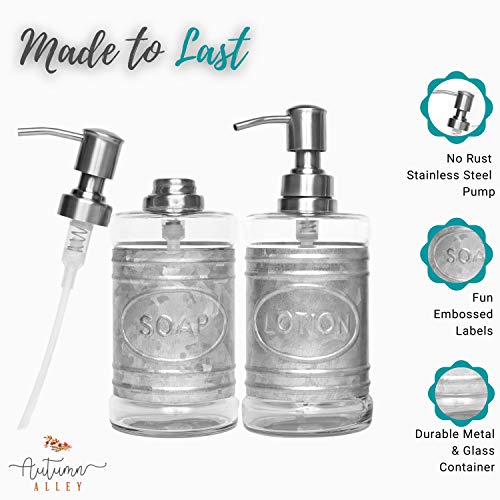 Autumn Alley Glass & Galvanized Farmhouse Soap Dispenser Set For Hand Wash, Sanitizer, Lotion, Dish Soap – Liquid Soap Container With Pump For Kitchen/Bathroom – Charming Farmhouse Label Design #TOP2