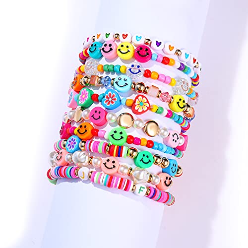 Beaded Bracelet Set Stack Colorful Happy Face Charm Pearl Heishi Beaded Stretchy Bracelet Summer Beach Bracelet Jewelry4