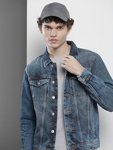 Image of The Indian Garage Co Men Blue Slim Fit Solid Denim Trucker Jacket