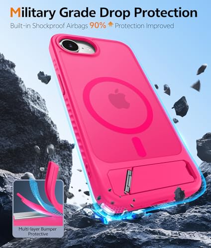 Image of FNTCASE for iPhone 17e Case: iPhone 16e Phone Case [Magnetic Stand] [Compatible with Magsafe] Translucent Matte Military Grade Shockproof Drop Protective Phone Cover,Hot Pink