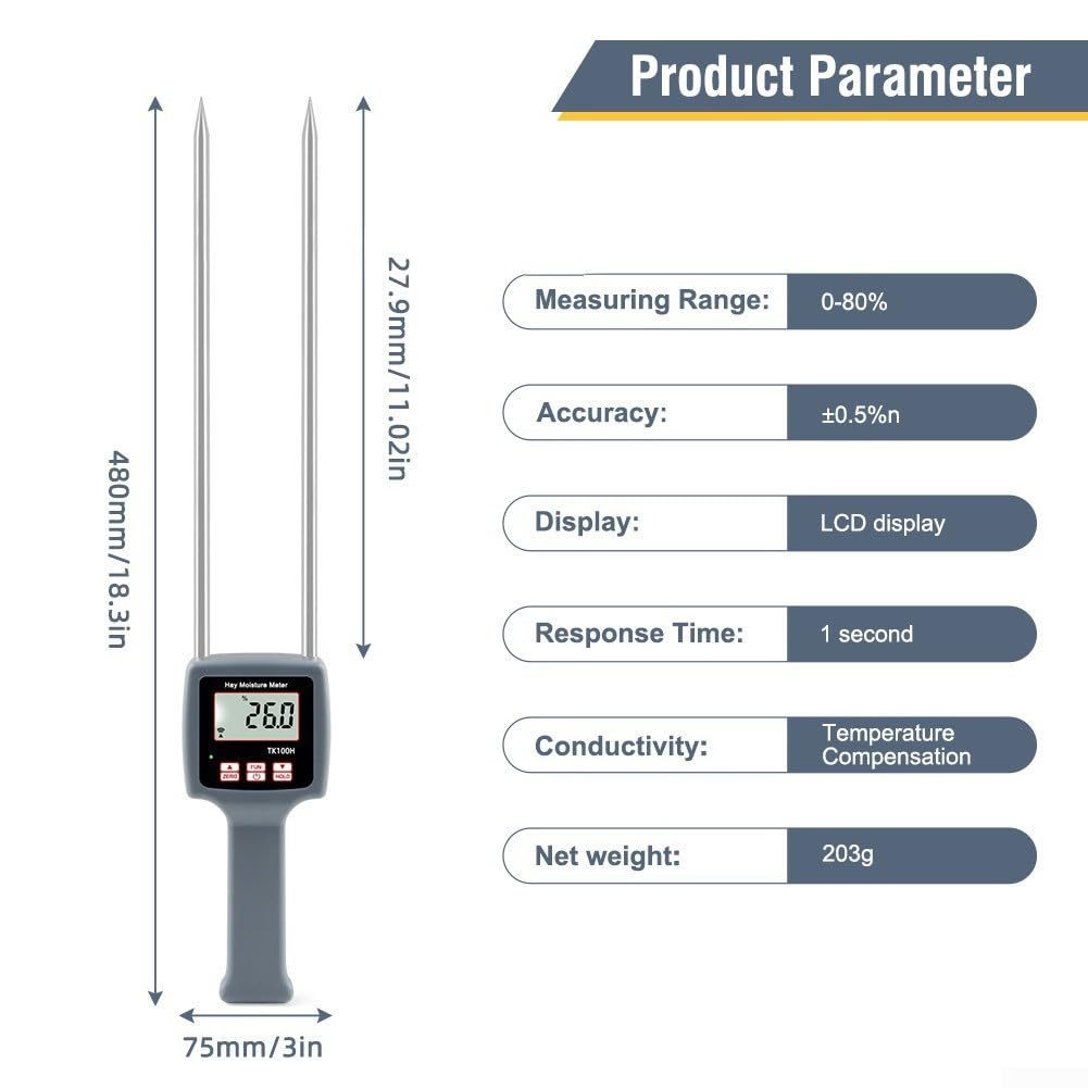 TK100H Hay Moisture Meter Digital LCD Grain Tester For Cereals Straw Bran Fibres With Automatic Temperature Compensation