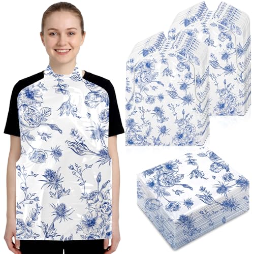 Unittype Disposable Bibs for Adults 25/50/100 Pcs Plastic Floral Bib Dining Clothing Protectors for Elderly Eating(Blue 25 Pcs)