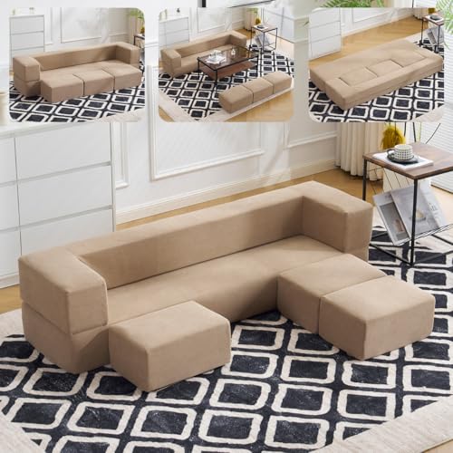 Simpolu ソファベッド 最大5人掛け ソファー 5P コンパクト ローソファ 幅約170cm 座面肘掛け一体型 高反発ウレタン 28D高密度 フロアソファ 1人暮らし 1+3の組み合わせ マルチに使える クッション付き 座椅子 ソファ 圧力分散 完成