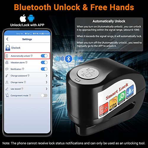 Onvian Bluetooth Motorcycle Disc Brake Lock 115dB Motorcycle Alarm with 6.6FT Cable Reminders Carry Case Wireless Anti Theft Lock Bluetooth Control Lock for Motorcycle Helmet Bike Scooter Wheel Lock - Thumbnail 6