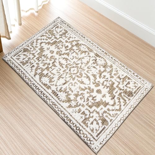 Comart, Tappeto Dastan Arredo, Design Berbero Marocchino, Stile Vintage Boho, Tessuto Poliestere, Pelo Corto, per Soggiorno e Camera da Letto, Sotto Tavolo, Motivo Orientale Beige 60x90 cm