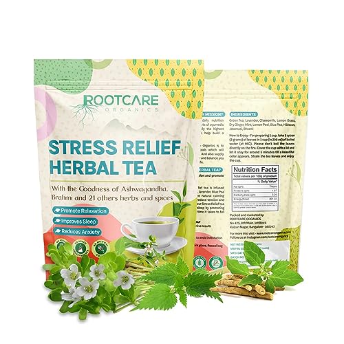 Image of Rootcare Organics Stress Relief Herbal Tea loose leaves | Ashwagandha, Brahmi & 21 Ayurvedic Herbs leaf | Natural Relaxation & Sleep Support | Reduces Anxiety | 100% Organic | Pack Of 1 Month | 100g