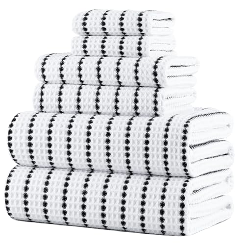 POLYTE 430 GSM Microfiber Quick Dry Lint Free Oversize Bath Towel Set 6 Piece (Waffle Weave)