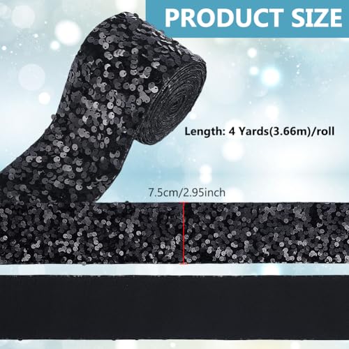 BENECREAT 3.65m/4 Yards Black Sequins Velvet Trim, 75mm/3 Inch Wdie Polyester Sequins Ribbon Sewing Trim for DIY Craft Clothing Dress Sewing Embellishment