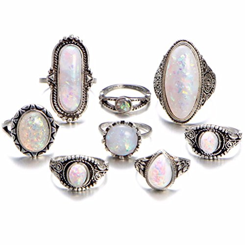 Fheaven 8PC Boho Jewelry Silver Natural Gemstone Marquise Moonstone Beads Personalized Ring Girs Women Gift (8PC)