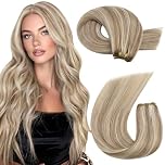 Moresoo Weft Hair Extensions Real Human Hair 18 Inch Light Brown with Platinum Blonde Highlight Sew in Human Hair Extensions for Natural Looking 100g #P9A/60