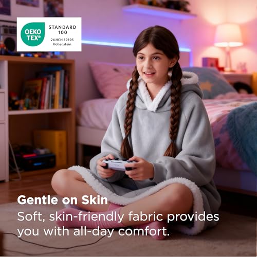 Bedsure Blanket Hoodie, Wearable Blanket Hoodie as Gifts for Mom, Birthday Gifts for Women Kids Teens Sherpa Sweatshirt, Grey, Standard - Image 4