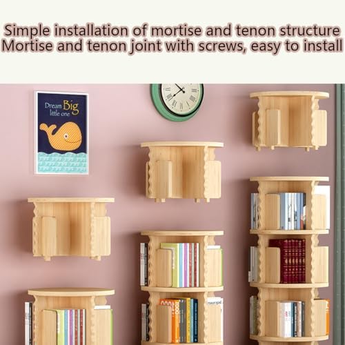 360° Kids Rotating Bookshelf Tower, Solid Wood Revolving Bookcase with Letter Baffles, Space-Saving Storage for Children's Room, Study, Playroom, Nursery