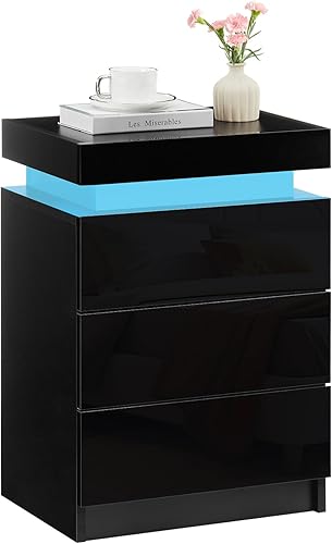 TUKAILAi Moderna mesita de noche con luz LED, armario de noche de alto brillo con 3 cajones y almacenamiento superior, cómoda para dormitorio, sala
