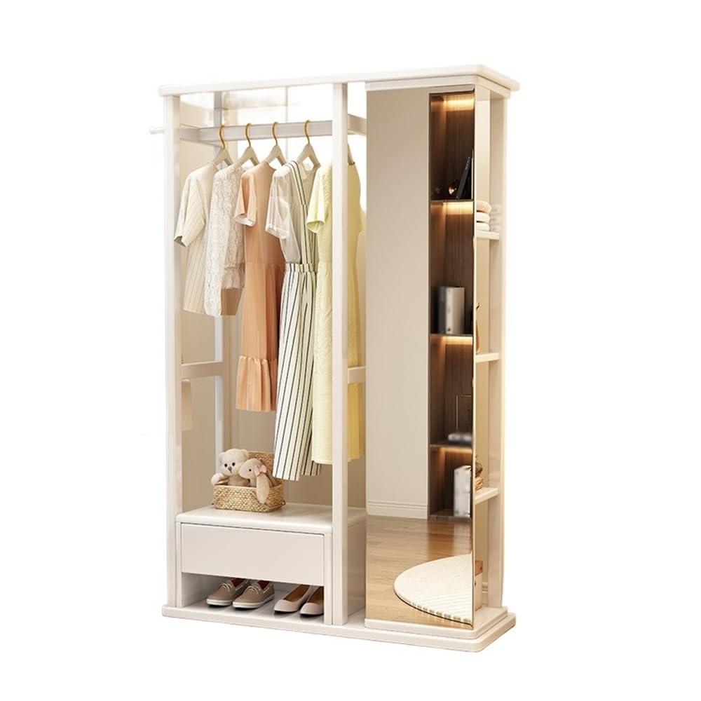 DFHS46JK Hat Rack Solid Wood Clothes Hanger Dressing Mirror Bedroom Floor Rotatable Multifunctional with Drawer Coat Rack Shoe for Office(White)
