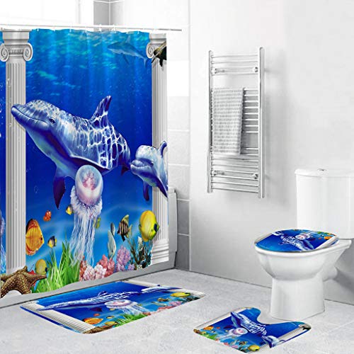 4pcs/Set Bathroom Non-Slip Blue Ocean Style Decor Shower Curtain + Pedestal Rug + Lid Toilet Cover + Bath Mat