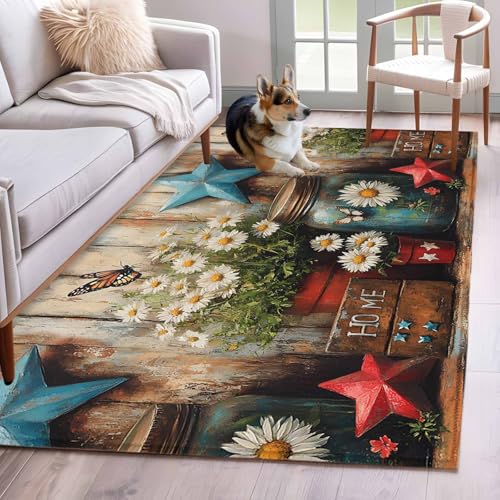 Washable Rectangle Area Rug 4x6ft Watercolor Daisies Start Butterfly Non-Slip