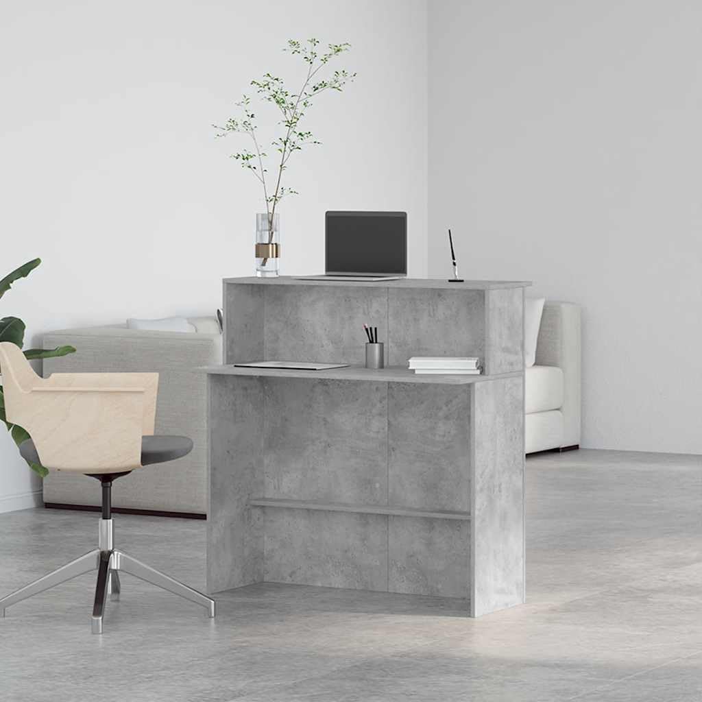Bancone per ricevimento in legno grigio cemento, 100 x 50 x 103,5 cm, con ripiano, tavolo da lavoro per ufficio, segretario, laptop, ergonomico, salvaspazio, per home office e studio