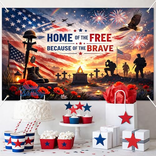 Image of BlissYard Patriotic Banner Home of The Free Because of The Brave Memorial Day Banner 4th of July Decorations Veterans Day Banner for Indoor Home House Decor Party Supplies 71x43 Inches