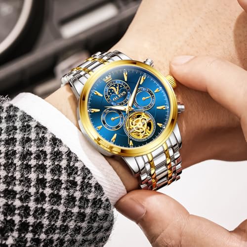Image of OLEVS Men Automatic Skeleton Watch - Luxury Stainless Steel Calendar Moon Phase Mechanical Dress Wrist Watch with Luminous, Waterproof Self-Wind (Gold /Silver /Blue /Black)