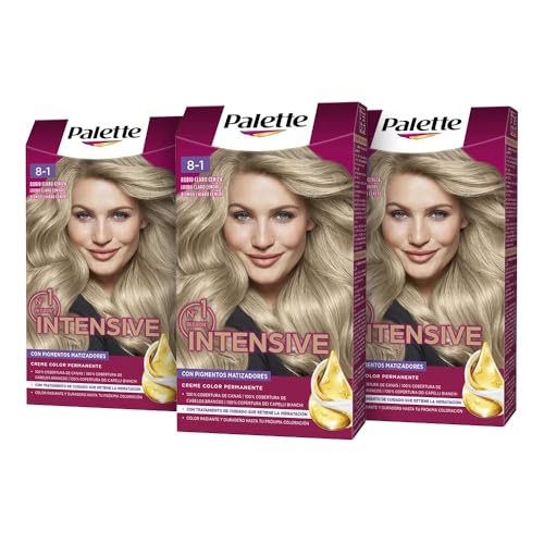 Palette Intensive Creme Color 8-1 Rubio Claro Ceniza, tinte permanente con aceite de macadamia y almendras, cubre el 100% de las canas y raíces, para un pelo radiante, Pack 3