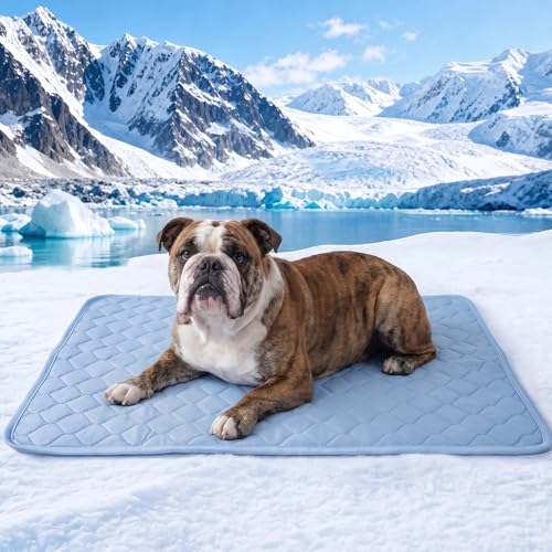 Image of PatiencET Dog Cooling Mat, 28 x 40 in No-Gel Cooling Pad for Medium Dogs, Cool Touch Nylon Pet Mat, Washable Summer Dog Mat for Crate, Bed, Floor, Sofa, Car, Blue
