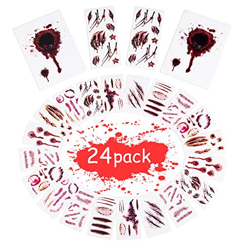 Joyjoz Halloween Temporary Tattoos, Halloween Stickers with Fake Blood, Scars, Wound, Zombie Makeup for Party, Cosplay, Kids, Adults (24 Sheets)