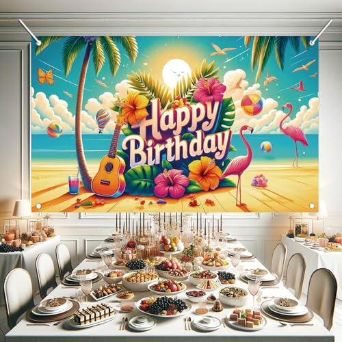 Image of Summer Happy Birthday Backdrop Banner Tropical Hawaiian Flamingo Flowers Palm Leaves Photography Background Aloha Beach Baby Shower Luau Party Supplies Photo Booth Props 71 x 43 Inch