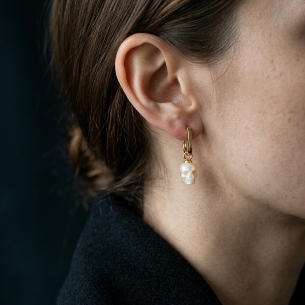 Dainty Skull Pearl Huggie Hoop Earrings, Hand Carved Freshwater Pearl Skull Dangle, 925 Sterling Silver Rhodium Plated, Gothic Minimalist Jewelry