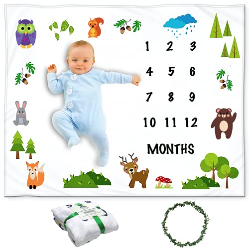 Baby Monthly Milestone Blanket for Boys – Woodland Animals Theme, 50x40 Inches, Includes Wreath and Photo Props