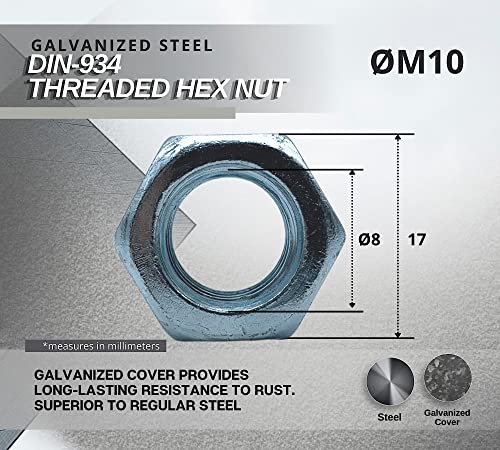 DOJA Barcelona | Muttern | 50 Sechskantmuttern M10 | 8 x 17 mm | Stahl Verzinkt | Muttern für Bolzen, Gewindemuttern, Kupplungen, Verstell- und Befestigungselemente im Innen- und Außenbereich...
