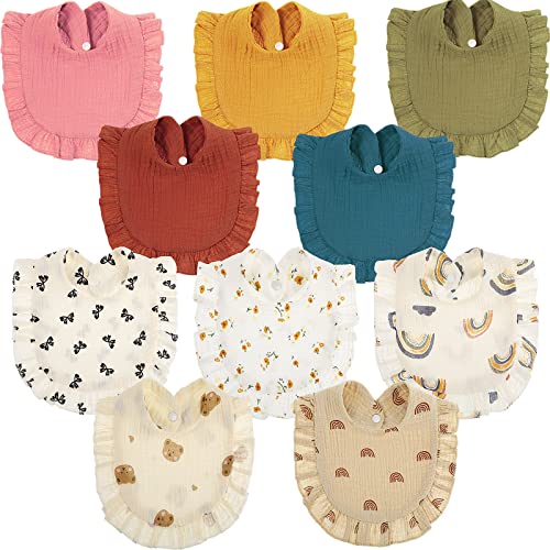 Image of Mepase 10 Pcs Large Muslin Baby Girl Bibs Drool Teething Bibs Lap Shoulder for Boy Girls Teething(Retro Colors)