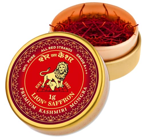LION SAFFRON Grade A+++ Premium Pure All Red Kashmiri Saffron for Cooking, Tea, Biryani, Paella, Rice, Milk & Desserts, Azafran Kesar Saffron Threads from Kashmir, India (1gram)